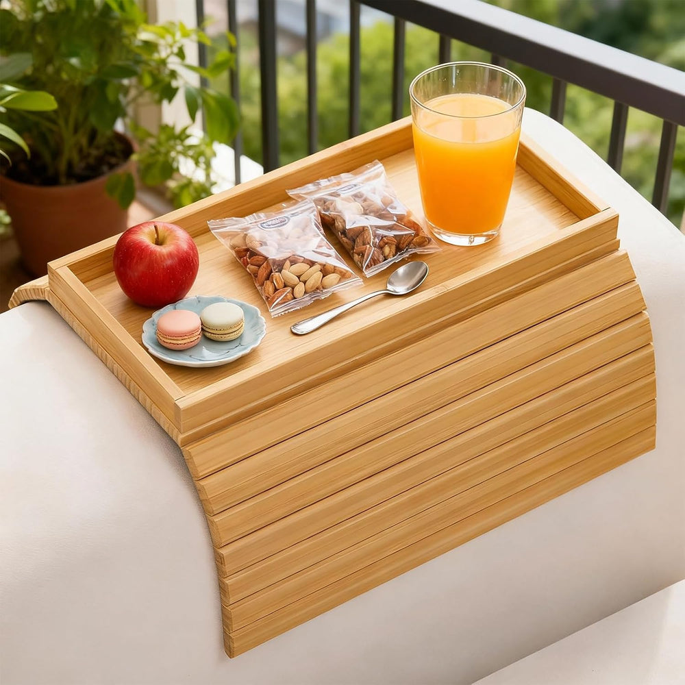 Bamboo Couch Arm Tray Table, Foldable Sofa Rest with Non-Slip Base Portable A...