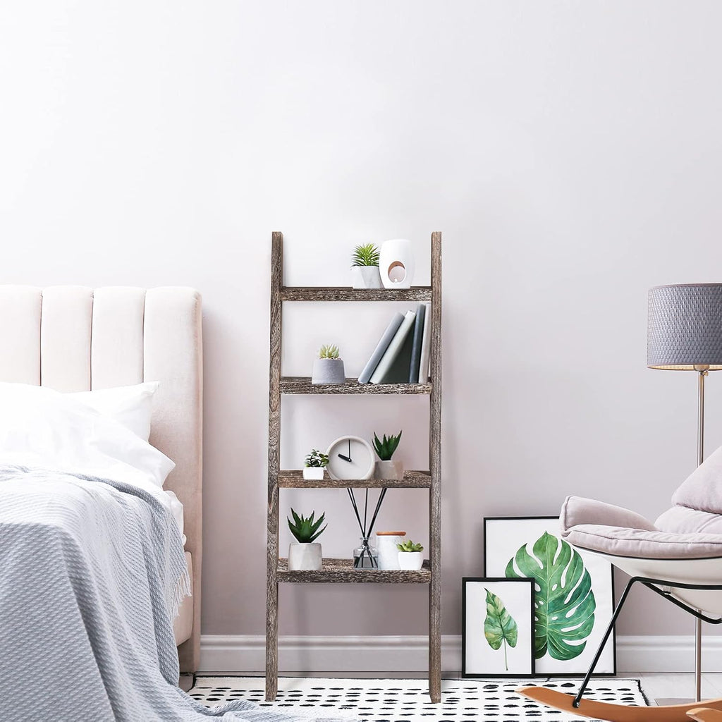 KIAYACI 4-Tier Blanket Ladder Shelves Farmhouse Decorative Ladder Wood Shelves Quilt Rack Wood Ladder Blanket Ladder for The Living Room Boho Shelf Decor(Vintage Walnut, 48" x 22")