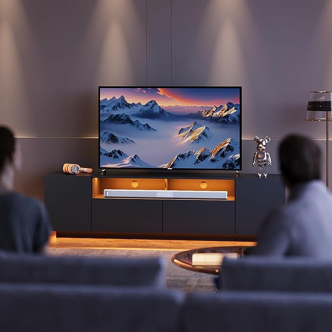 WLIVE LED TV Stand with Large Storage Cabinet, Modern Entertainment Center for 55/60/65/70/75 Inch TVs, Sturdy TV Console for Living Room, Bedroom,Rec Room(Black)
