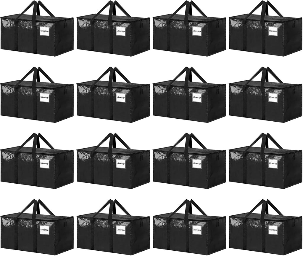 16 Pack Extra Large Heavy Duty Moving Bags, Black Storage Bins with Lids, Reinforced Handles & Heavy-Duty Zippers Moving Boxes Storage Bags Totes for Clothes Packing, Dorms, College Supplies, Black