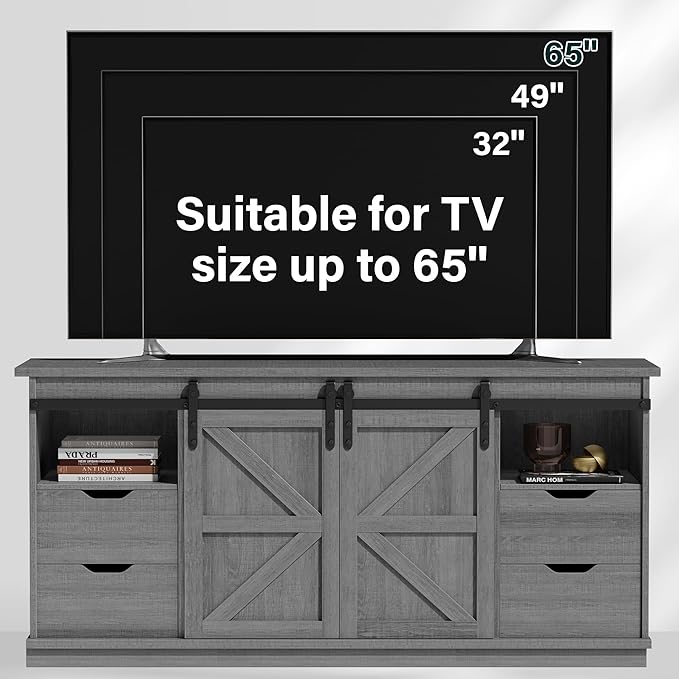 JUMMICO TV Stand with 4 Drawers for 65 Inch TV, Farmhouse Entertainment Center with Storage and Sliding Barn Doors, Rustic Media TV Console Cabinet with Shelves for Living Room Bedroom (Pale Gray)