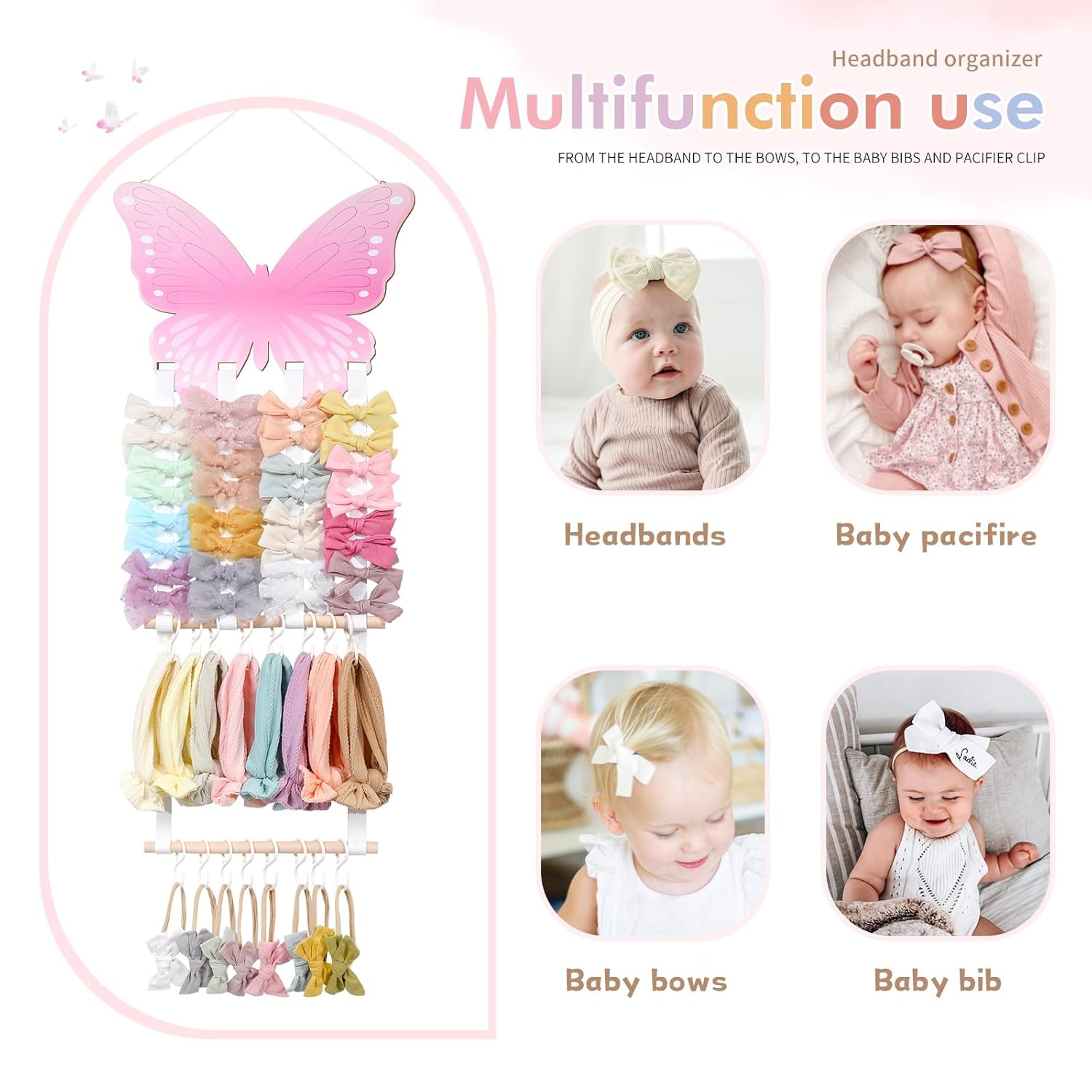 POVETIRE Headband Holder Bow Holder for Girls Hair Bows,Butterfly Hair Accessories Organizer Storage Wall Hanging Display for Nursery Toddler Girls Room
