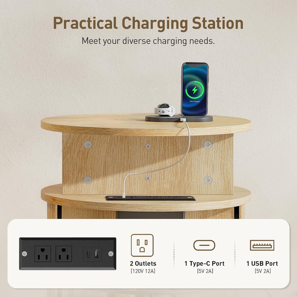RALGEND Round Fluted End Tables, Round End Table with Charging Station, Flute...