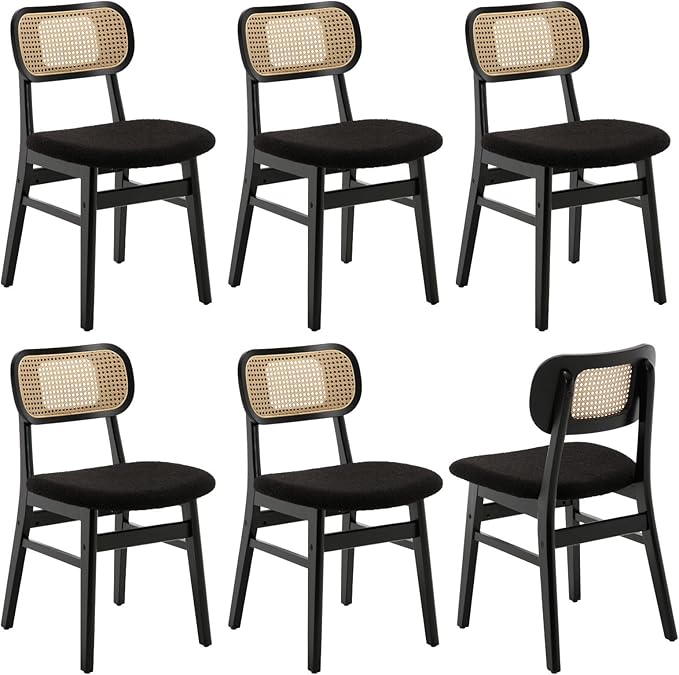 Black Rattan Dining Chairs Set of 6 Lambswool Dining Room Chairs Natural Wooden Kitchen Chairs Farmhouse Boho Side Chairs