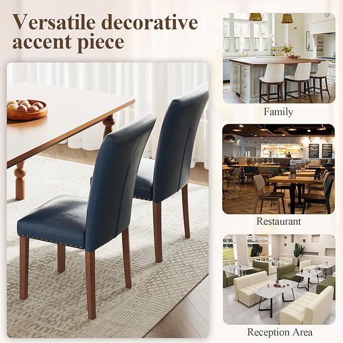 Stylish Dining Chairs Set of 2, Upholstered Parsons Dining Room Chair with Nailhead Trim, Kitchen Room Chair with Thick Cushions and Wood Legs, Nailhead Trim, Blue Leather