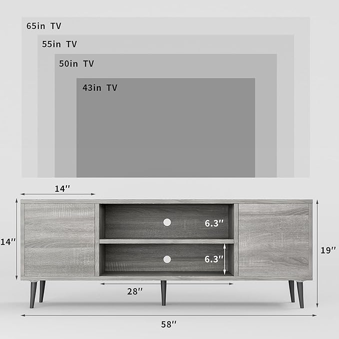JUMMICO TV Stand for 65 Inch TV, Mid Century Modern TV Stand, Entertainment Center with Storage Cabinet and Open Shelves, TV Console Table Media Cabinet for Living Room, and Bedroom (Gray)
