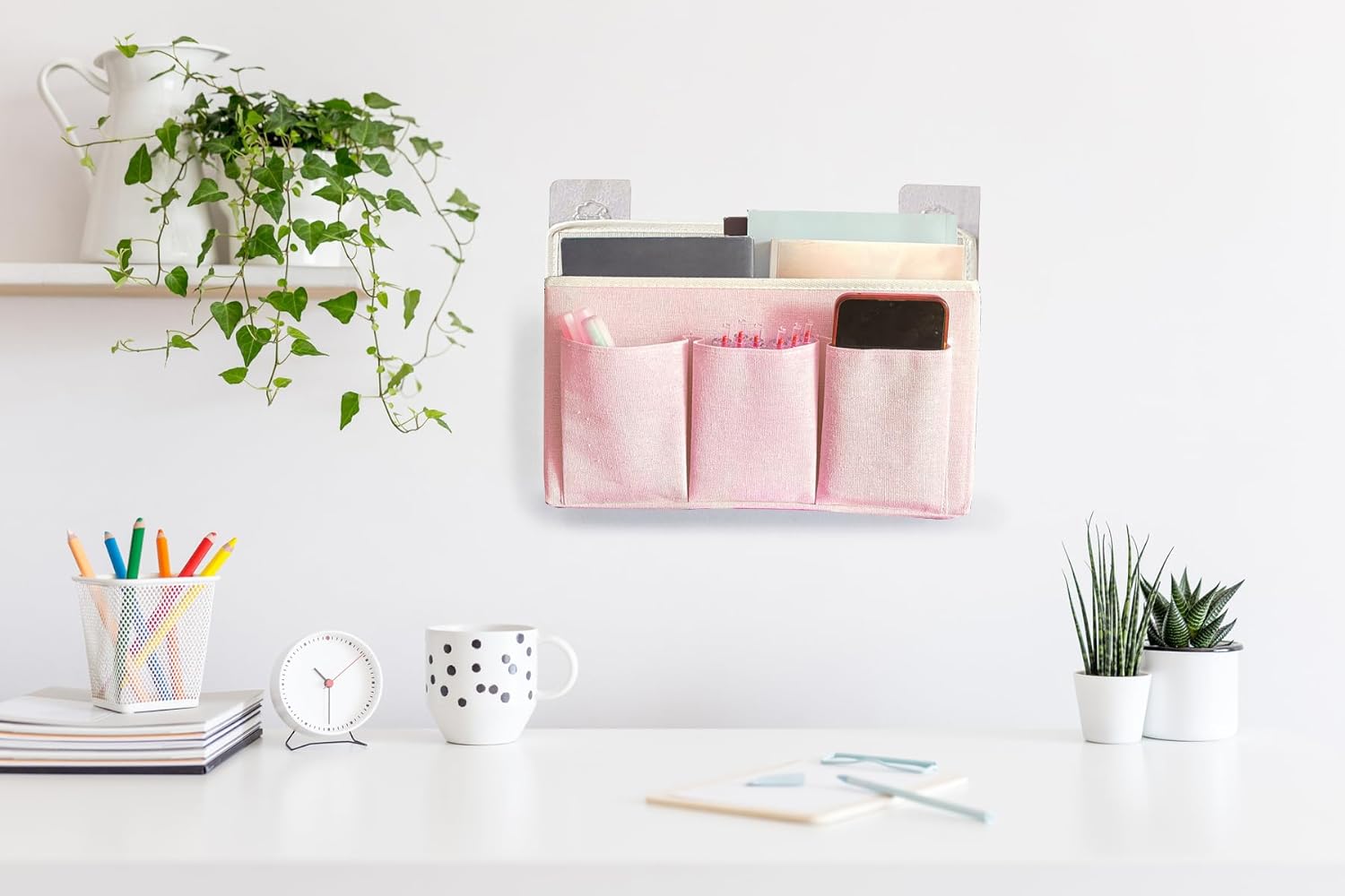 2-Pack Wall Hanging Organizer Bag/Hanging Baskets with Large Mesh Compartment & 3 Pockets，Over the Door Hanging Organizer Space Saving Storage for Bedroom,RV Camper, Closet (Pink -2 Pack)
