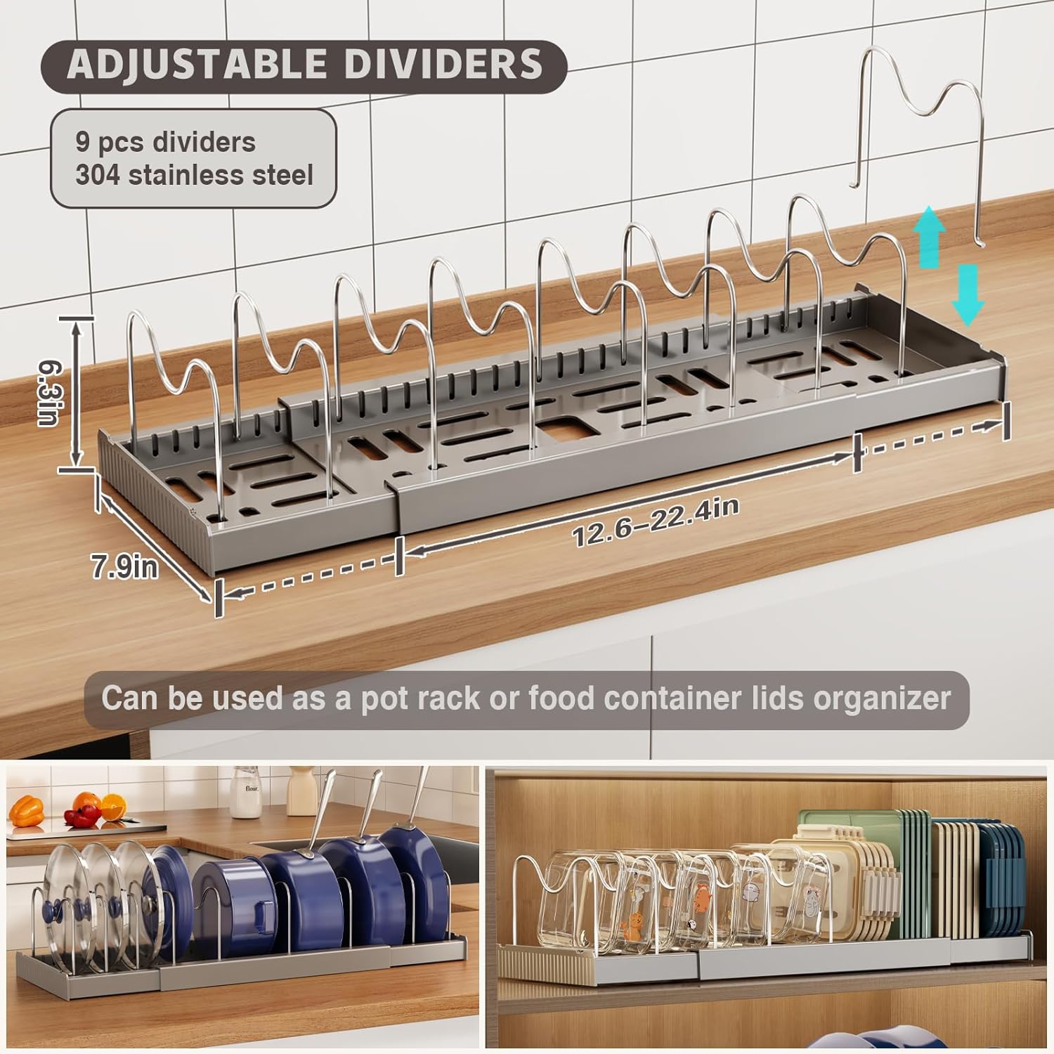 2 Pack Expandable Food Storage Container Lid Organizers, 22" Pots and Pans Organizer Under Cabinet with 9 Adjustable Dividers Pot and Pan Lid Holders Rack Inside Cabinet(Gray)