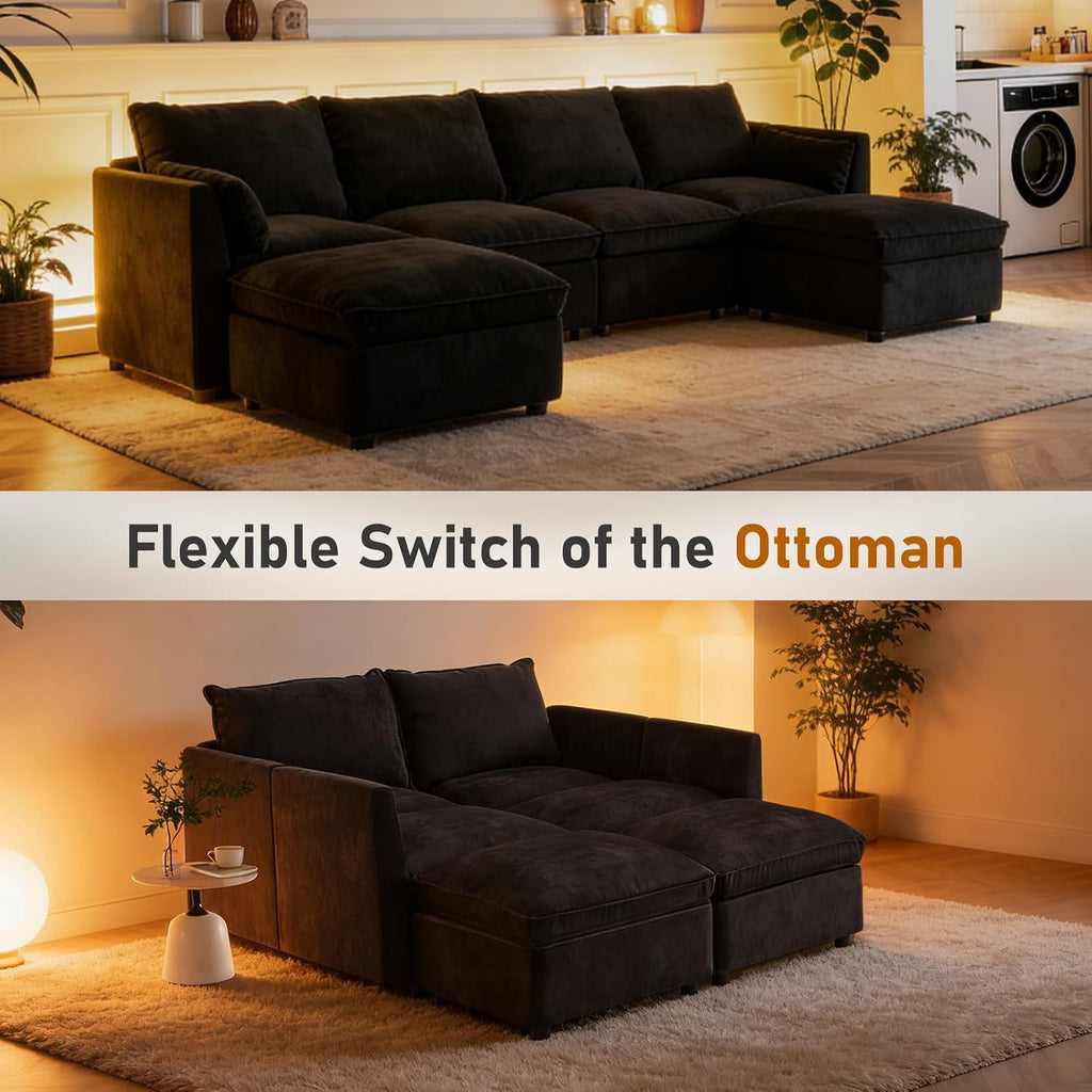 Furnimart 111" Modular Sectional Sofa with Full Seat Storage, U-Shaped 6-Seater Deep Seat Couch with Chenille Fabric Sectional with 2 Movable Ottomans for Living Room, Black