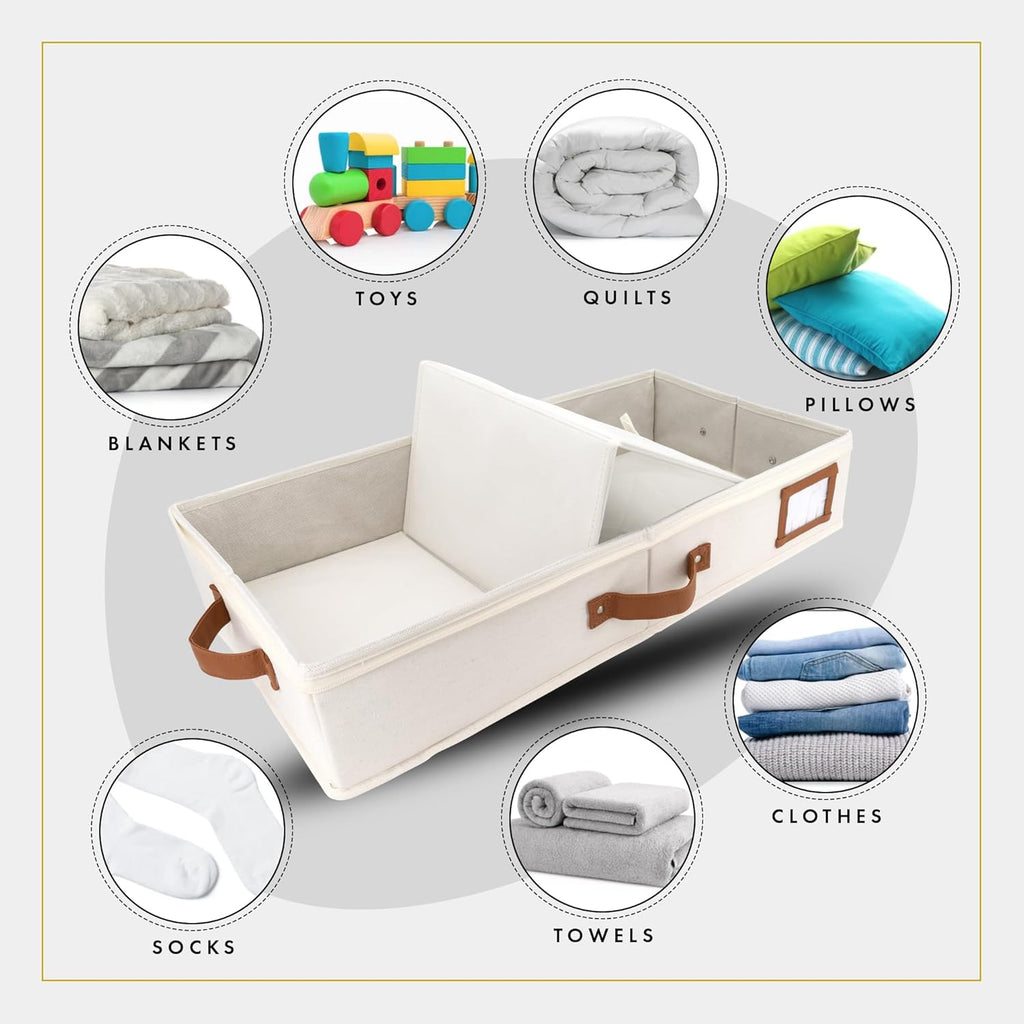 HOMELUX THEORY 2pc Under Bed Storage Containers, Bedroom Under the Bed Drawer Storage Organizer with Bins and Lids, Medium Underbed Clothes Storage Box Ideal for Blanket, Fabric, & Shoes (Ivory)