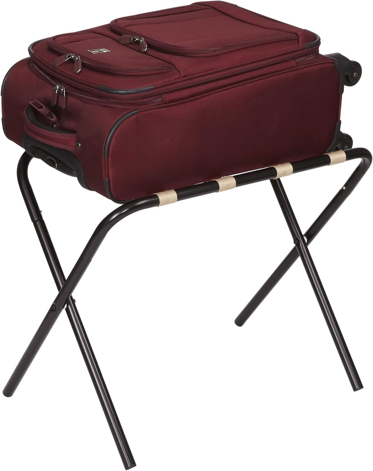 Household Essentials 2126-1 Folding Luggage Rack | Black Frame with Khaki Straps