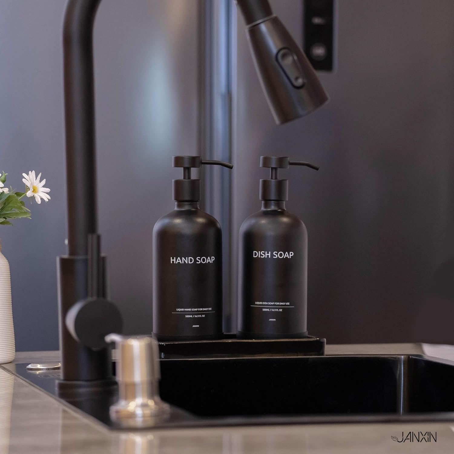 Glass Kitchen Soap Dispenser Set with Ceramic Tray,16.9 floz Hand and Dish Soap Dispenser for Kitchen and Bathroom Decor (Black Bottles +Black Pumps)