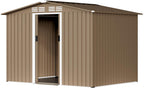 8x6FT Outdoor Storage Shed with Floor,Lockable Sliding Doors Outdoor Waterproof Tool Storage Sheds,Metal Storage Shed for Garden, Patio, Backyard(Brown)