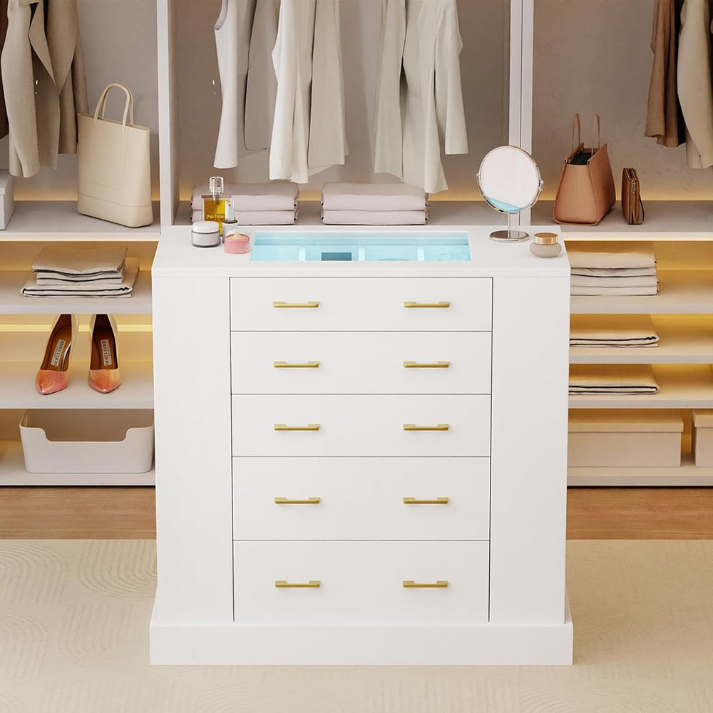 Closet Island with Glass Top, LED Lights and Jewelry Display, Bedroom Island ...