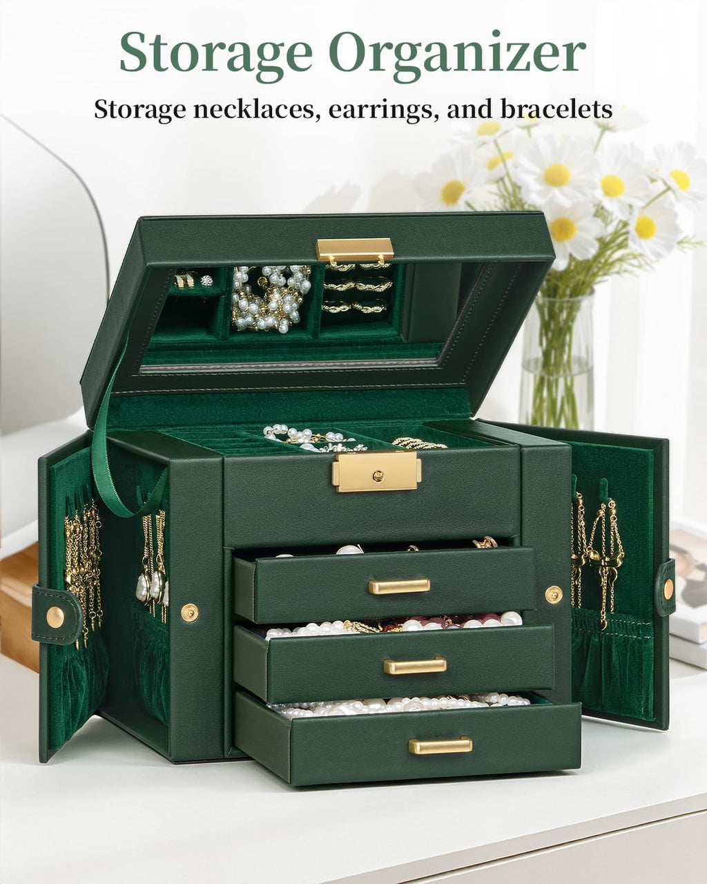 TORIBIO Jewelry Box for Women, Leather Jewelry Organizer with Mirror & Lock, 4-Tier Jewelry Storage Organizer with 3 Drawers for Girls/Women/Mothers, Necklace Earring Bracelets Holder Organizer