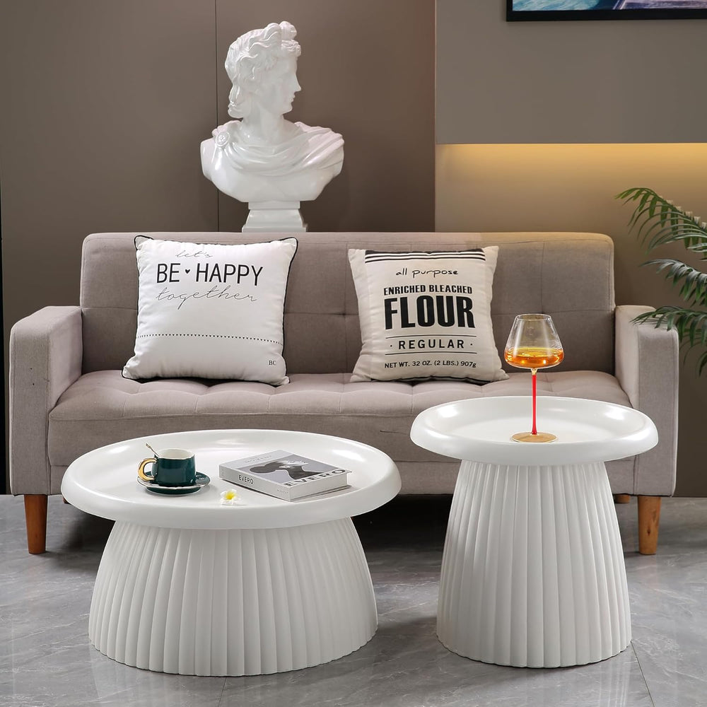 Henf 19.69" Round End Table for Indoor Outdoor, Fluted Pedestal Base, Ma...