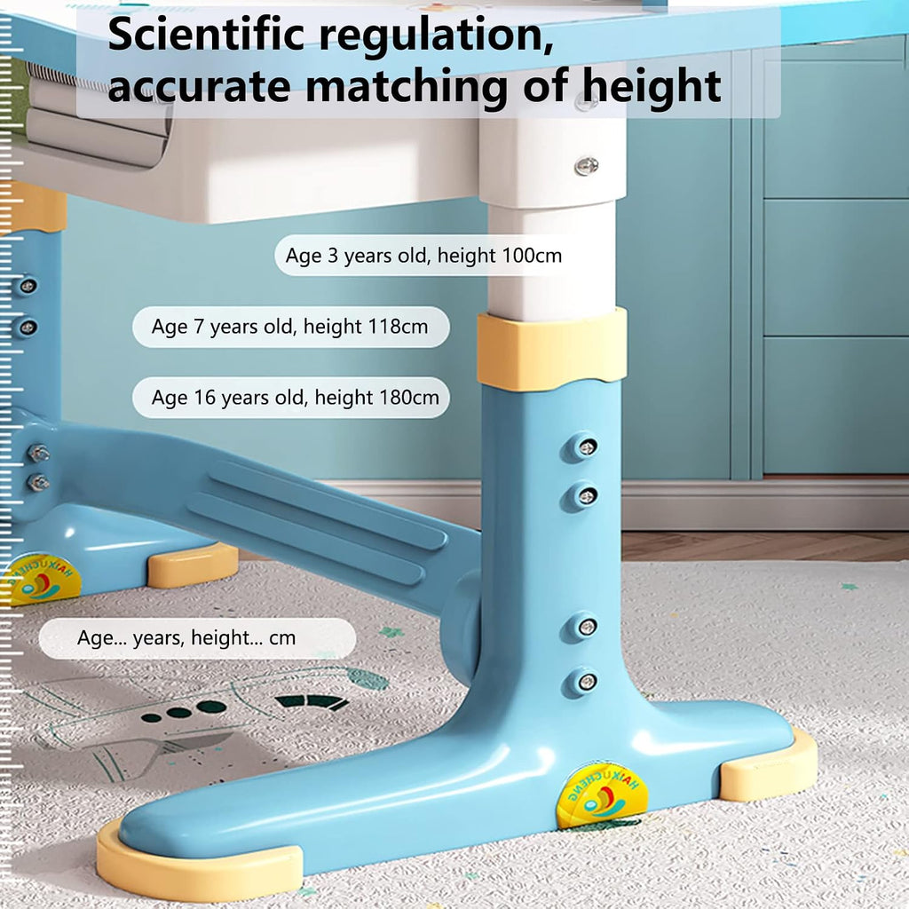 Kids Desk and Chair Set, Height Adjustable Sturdy, Kids Art Desk, Kids Study Desk and Chair Set for Boys, Home School, Drafting Desk, Ergonomic Childrens Storage Drawer (Blue)