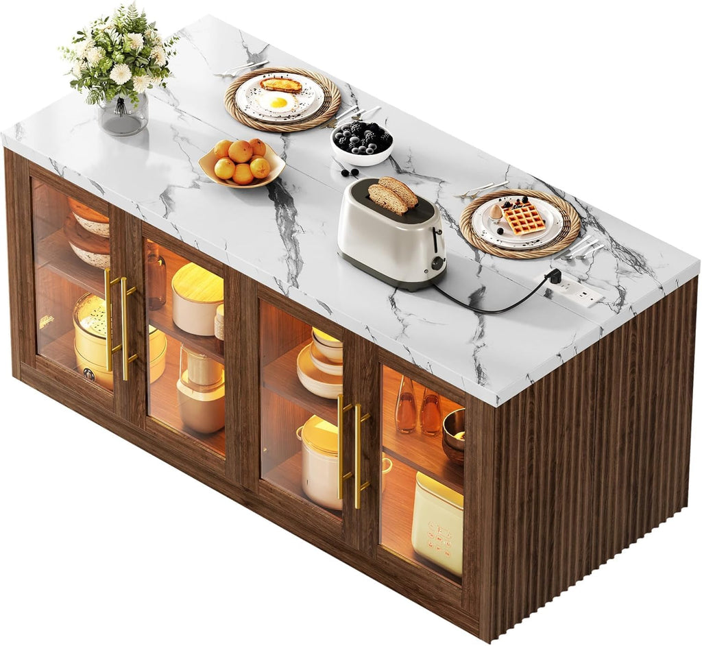 Kitchen Island with Storage, Faux Marble Island Table with RGB LED | Lights & Cabinet for Kitchen, Rolling Island Cart Modern Kitchen Island on Wheels for Dining Room, Home Bar, Walnut