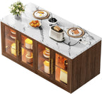 Kitchen Island with Storage, Faux Marble Island Table with RGB LED | Lights & Cabinet for Kitchen, Rolling Island Cart Modern Kitchen Island on Wheels for Dining Room, Home Bar, Walnut