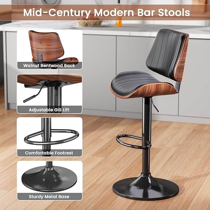 Swivel Bar Stools Set of 2, Adjustable Bentwood Barstools for Kitchen Counter, Mid-Century Modern PU Leather Upholstered Bar Chair with Back and Footrest, for Kitchen Island, Bar, Dining Room, Black