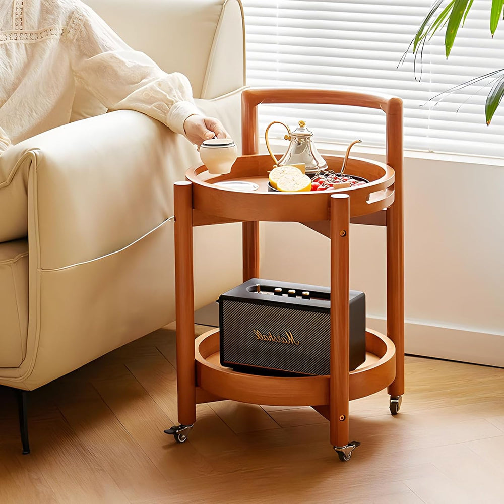Side Table with Wheels, Mid Century Modern Rolling End Table, Solid Wood Roun...