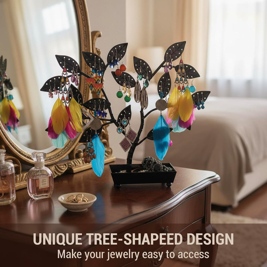 MyGift Jewelry Tree w/Bird Nest 48 pair Earrings Holder, Bracelets/Necklace Organizer Stand (Black Metal)