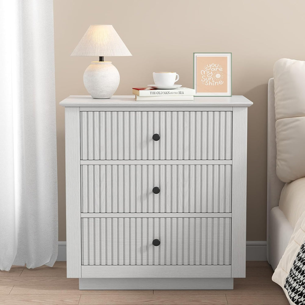 24" Wide Nightstand with Charging Station, Modern Fluted Bedroom Nightst...