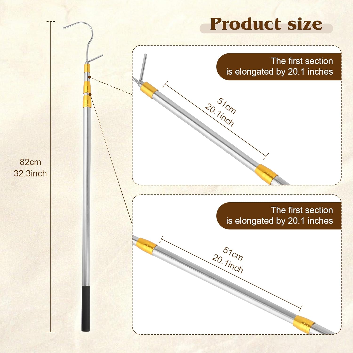 Clothes Hook Rod, 27-62 Inch Long Telescopic Rod, Stainless Steel, S-Shaped Hook, Tension Mounted