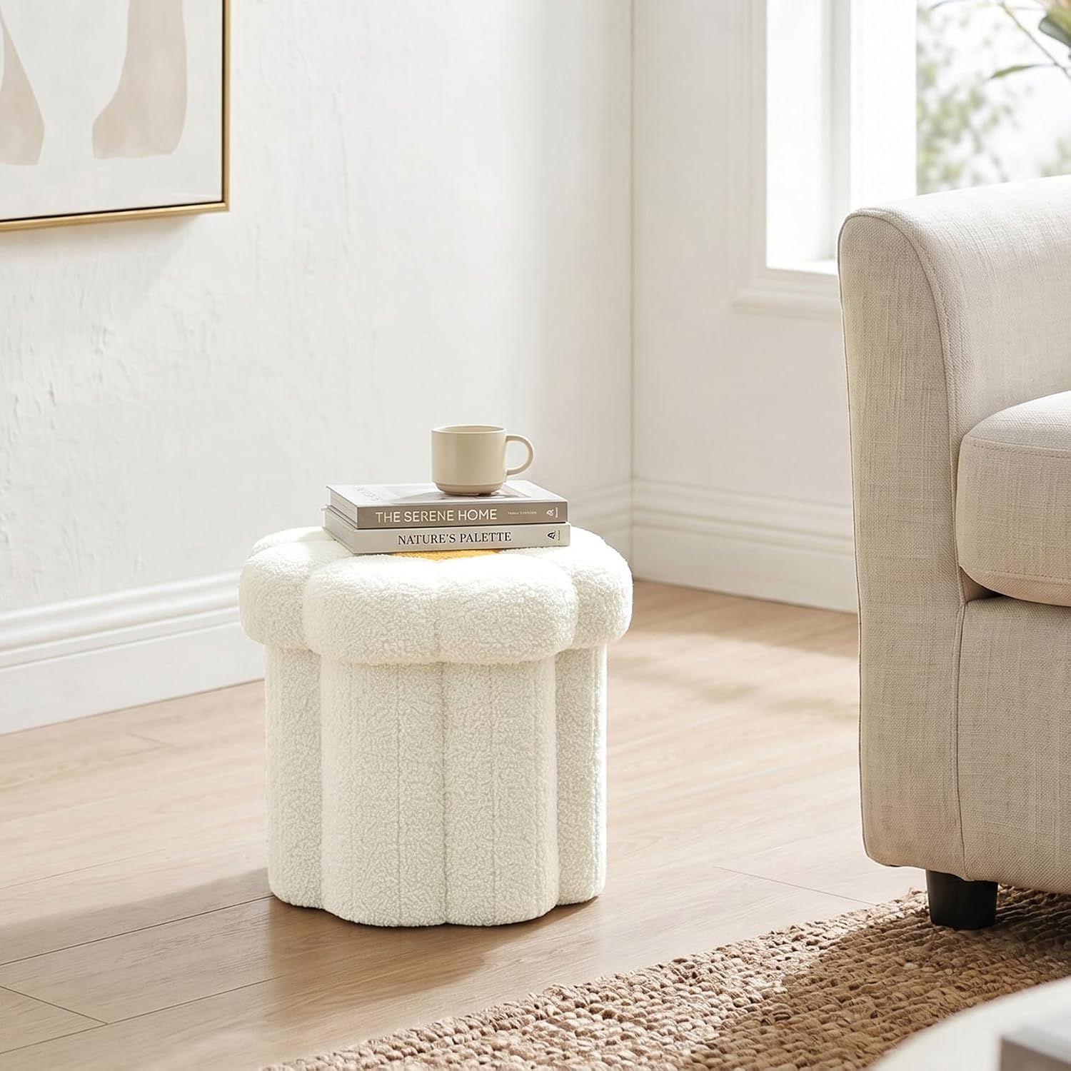 Flower Boucle Storage Ottoman, 12.6" Small Footstool with Padded Seat, Folding Sherpa Foot Rest for Sofa, Floral Accent Side Table for Living Room, Bedroom, Dorm, White
