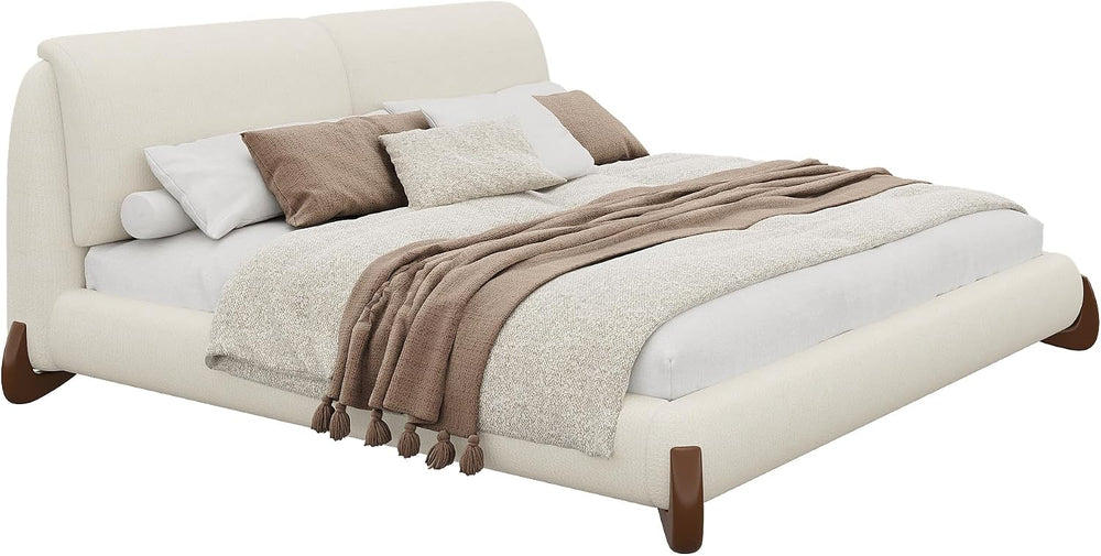 Merax King Chenille Platform Bed with 2 Removable Headboard Pillows, Beige