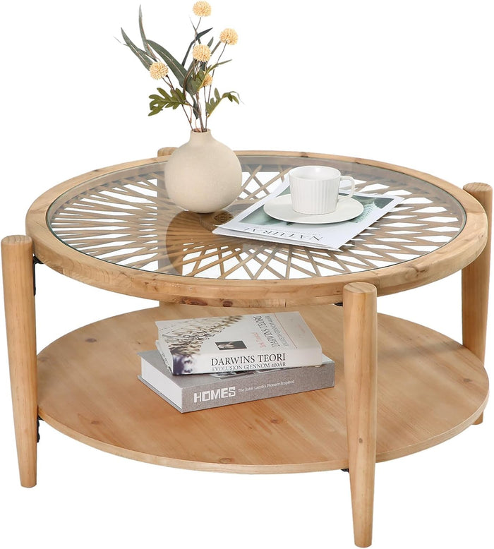 RUSTOWN Rattan Coffee Tables with Tempered Glass Top and Wood Legs