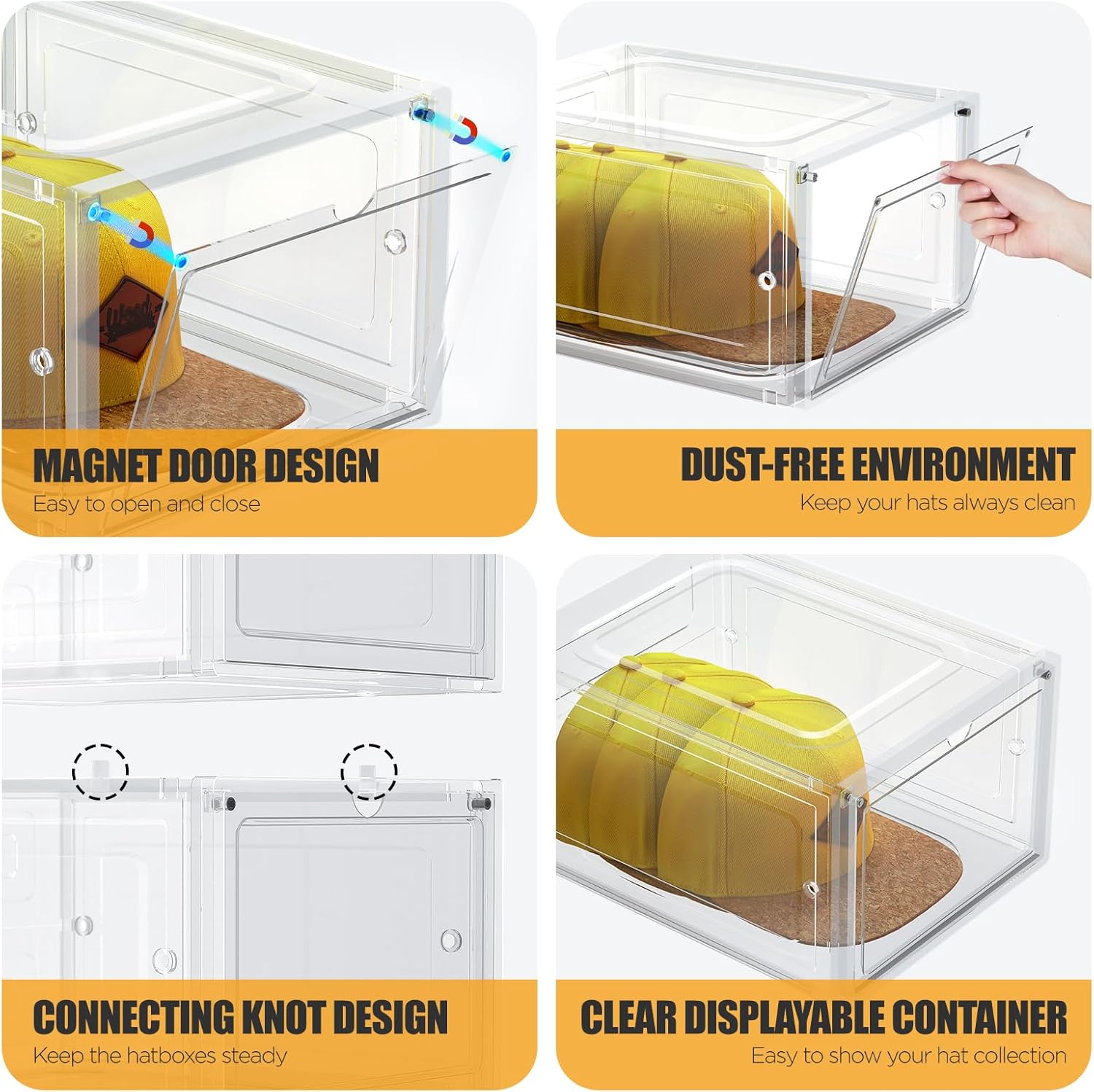 Hat Organizer Box, Stackable Clear Baseball Caps Holder Box Containers with Magnetic Door for Hats Snapback Cap Storag, Hat Rack Display Case, Holds 8 Hats Each (Clear, 4 Pack)