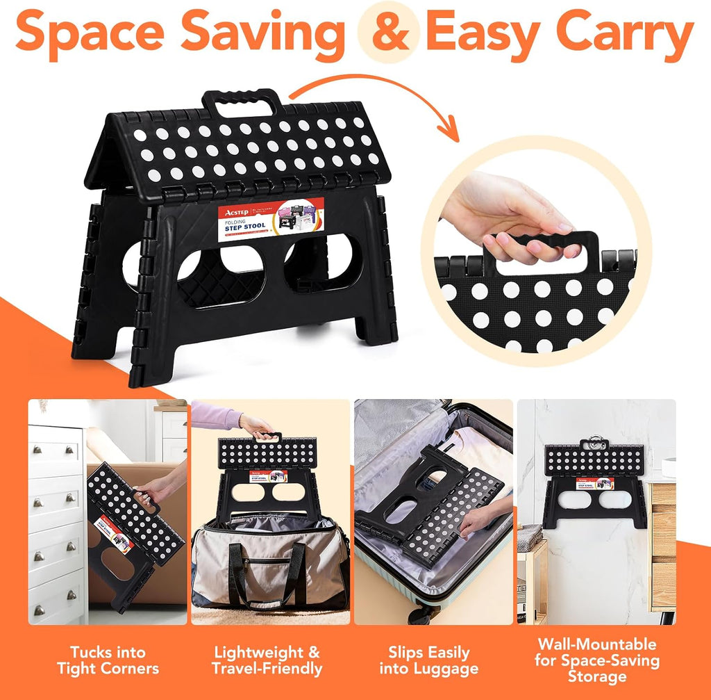 ACSTEP 9 Inch Wide and 9 Inch Folding Step Stool 2-Piece Set, 300 LB Capacity Plastic Foldable Stools with Handle, Non-Slip Step Stool, Home Use (Black & Black)