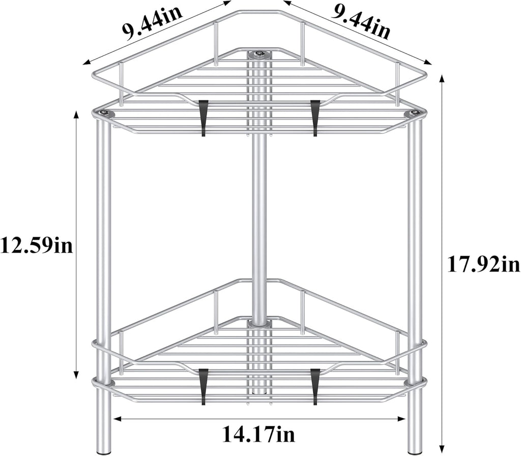 2 Tier Floor Standing Corner Shower Caddy Organizer Shelf with Hooks, Bathroom Shelves Stand Rack, Silver