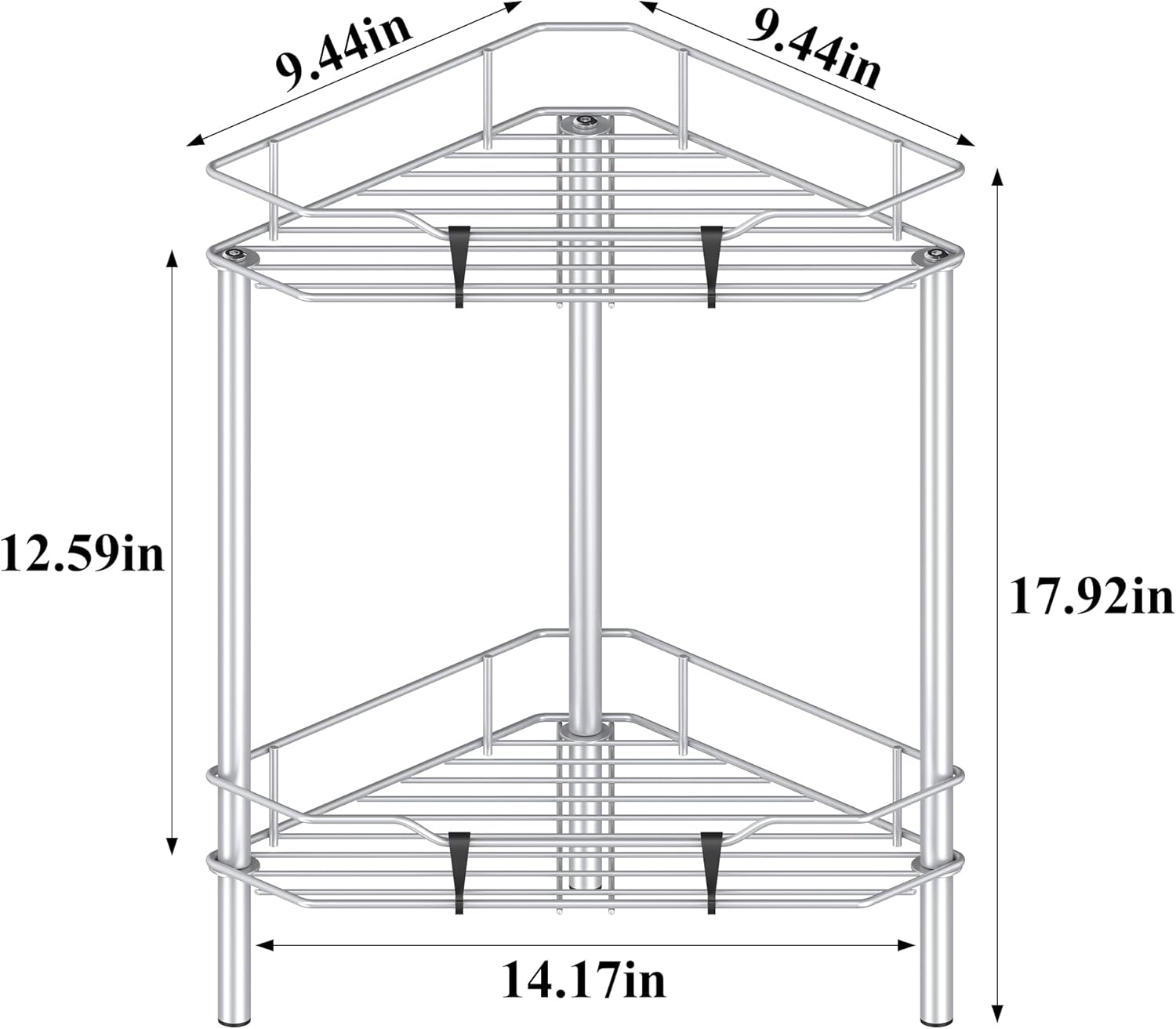 2 Tier Floor Standing Corner Shower Caddy Organizer Shelf with Hooks, Bathroom Shelves Stand Rack, Silver