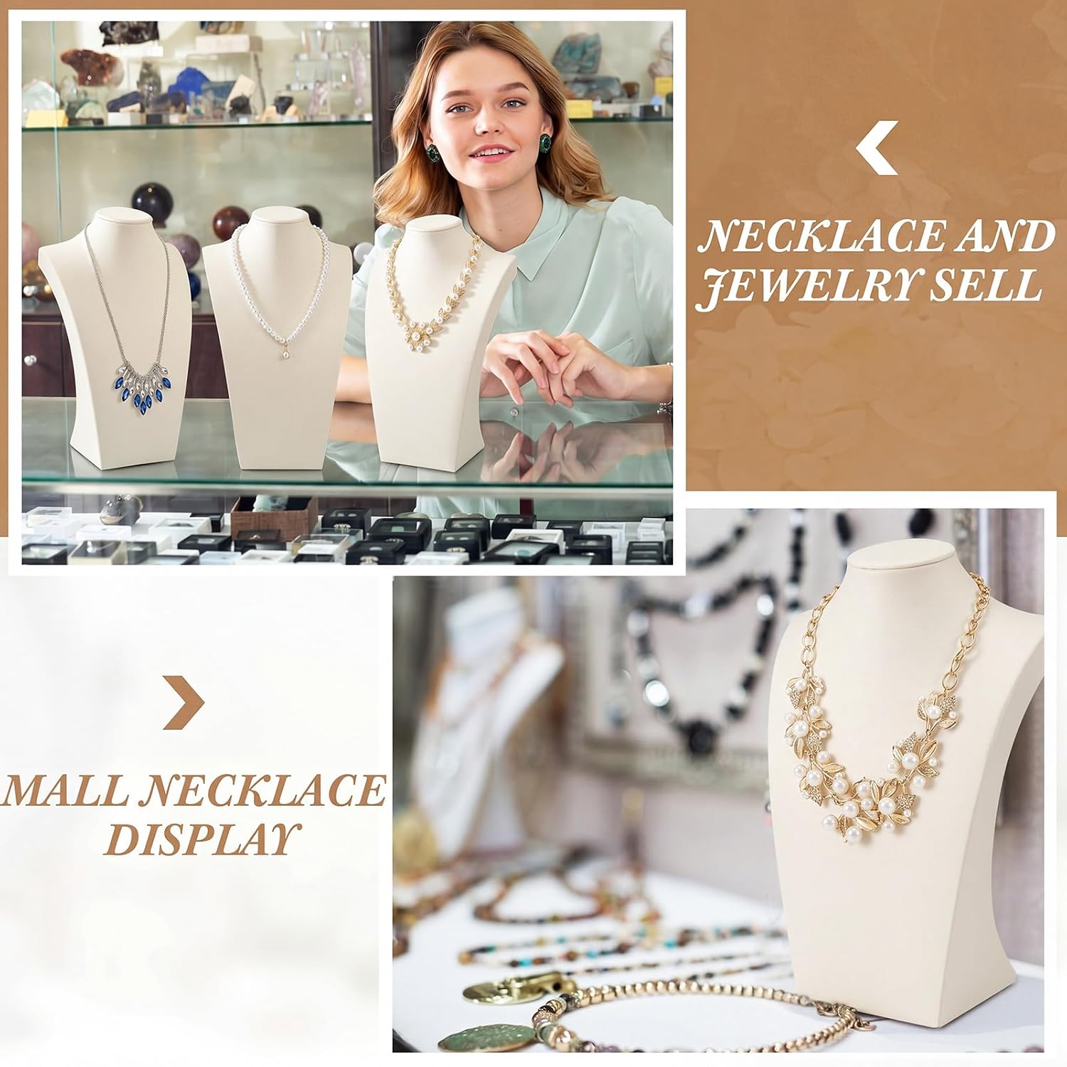 Beige 3 Pcs PU Leather Jewelry Display Bust Necklace Display Stand Necklace Mannequin Holder for Jewelry Displays for Vendors (11.42 x 6.89 Inches)