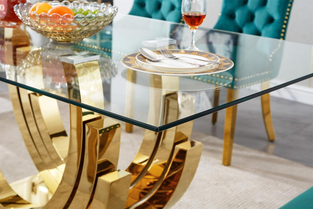 SSLine 7-Piece Gold Glass Dining Table Set for 6, Modern Luxury 70" Glas...