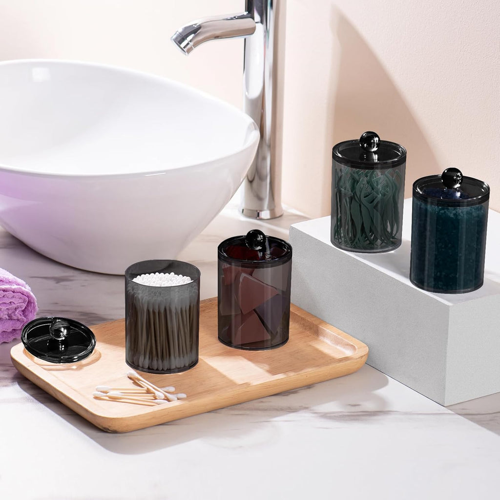 4 Pack Qtip Holder,Canister Apothecary Jar Set, Bathroom Jars with Lids Set for Cotton Swabs, Balls, Pads, Floss Picks,10oz-12oz Plastic Canisters Restroom Bedroom Vanity Organizer(Black)