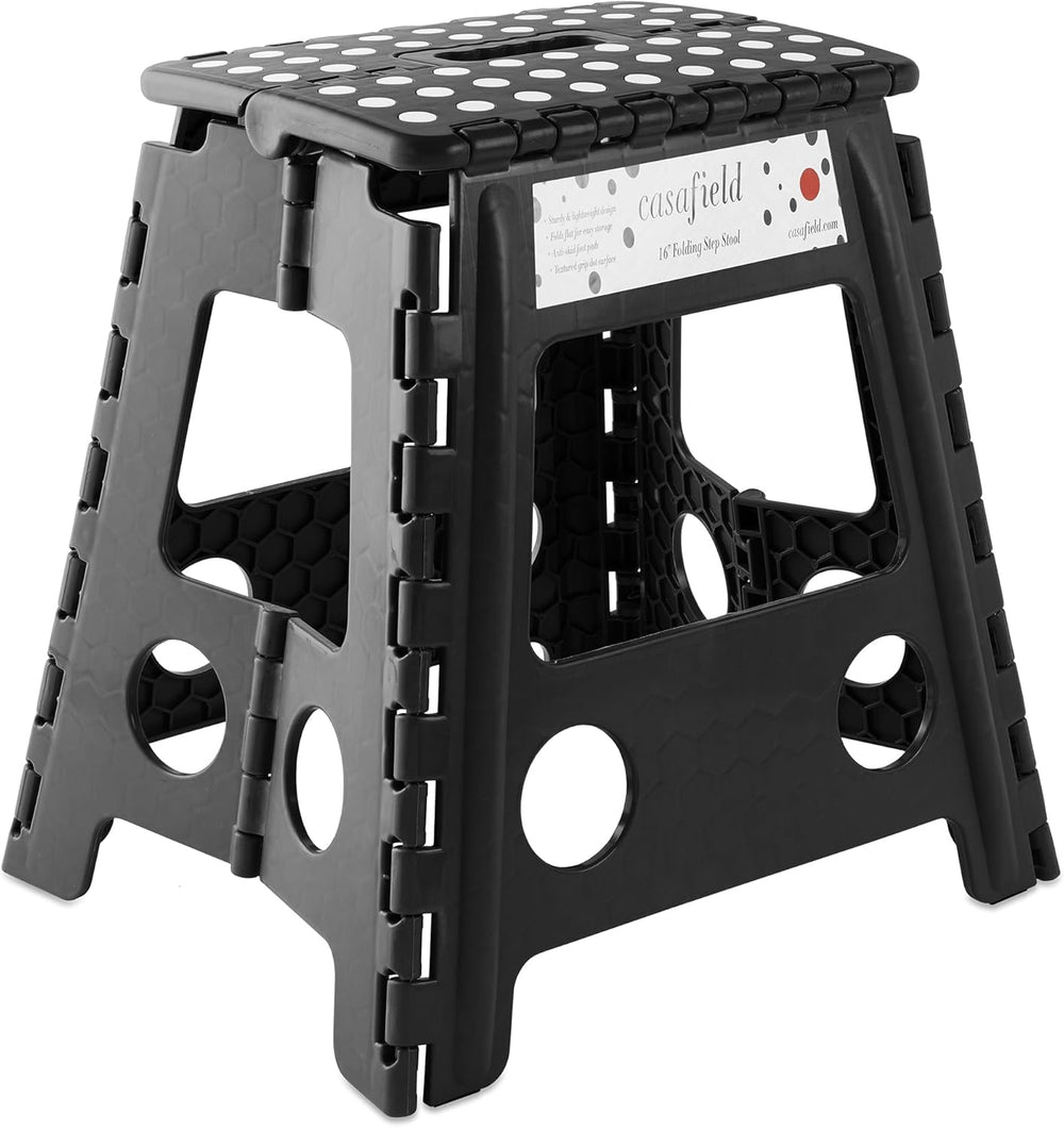 Casafield 16" Folding Step Stool with Handle, Black - Portable Collapsib...
