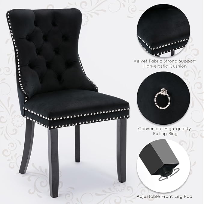 Velvet Upholstered Dining Chairs Set of 2, Modern Style Kitchen Side Chairs with Nailhead Trim and Wood Legs,Metal Pulling Ring for Dining Room Living Room(Black,Set of 2)