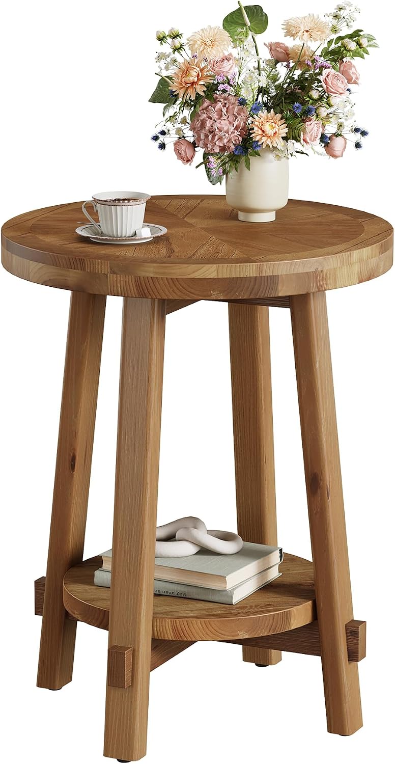 Solid Wood Side Table for Living Room, Small Round End Table with 2-Tier Stor...