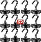 DIYMAG Black Magnetic Hooks, 170 LB Heavy Duty Strong Magnets with Hooks Rare Earth Neodymium Fridge Magnet for Grill Hanging Cruise Cabins Ship Essentials 12 Packs