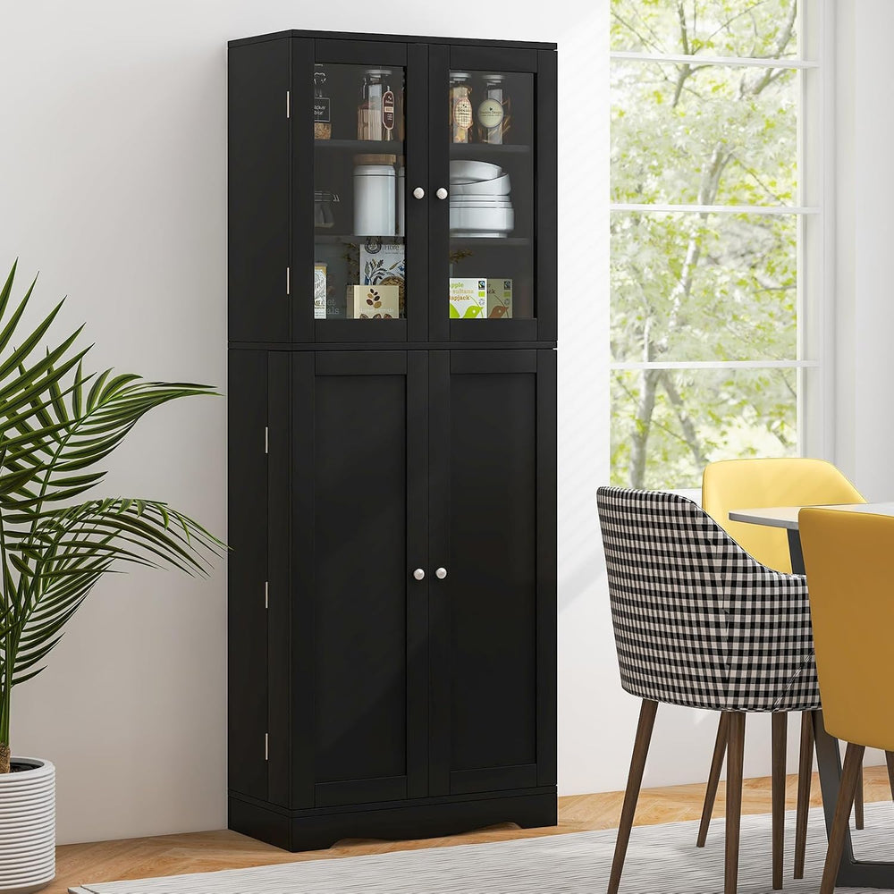 SlickBlue Tall Kitchen Pantry Cabinet with Tempered Glass Doors and Storage S...