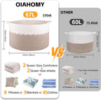 OIAHOMY 87L Extra Large Blanket Basket, 23" x 13", Jumbo Laundry Hamper, Cotton Rope Basket with Handles for Living Room,Baby Toy Storage Bins, Brown