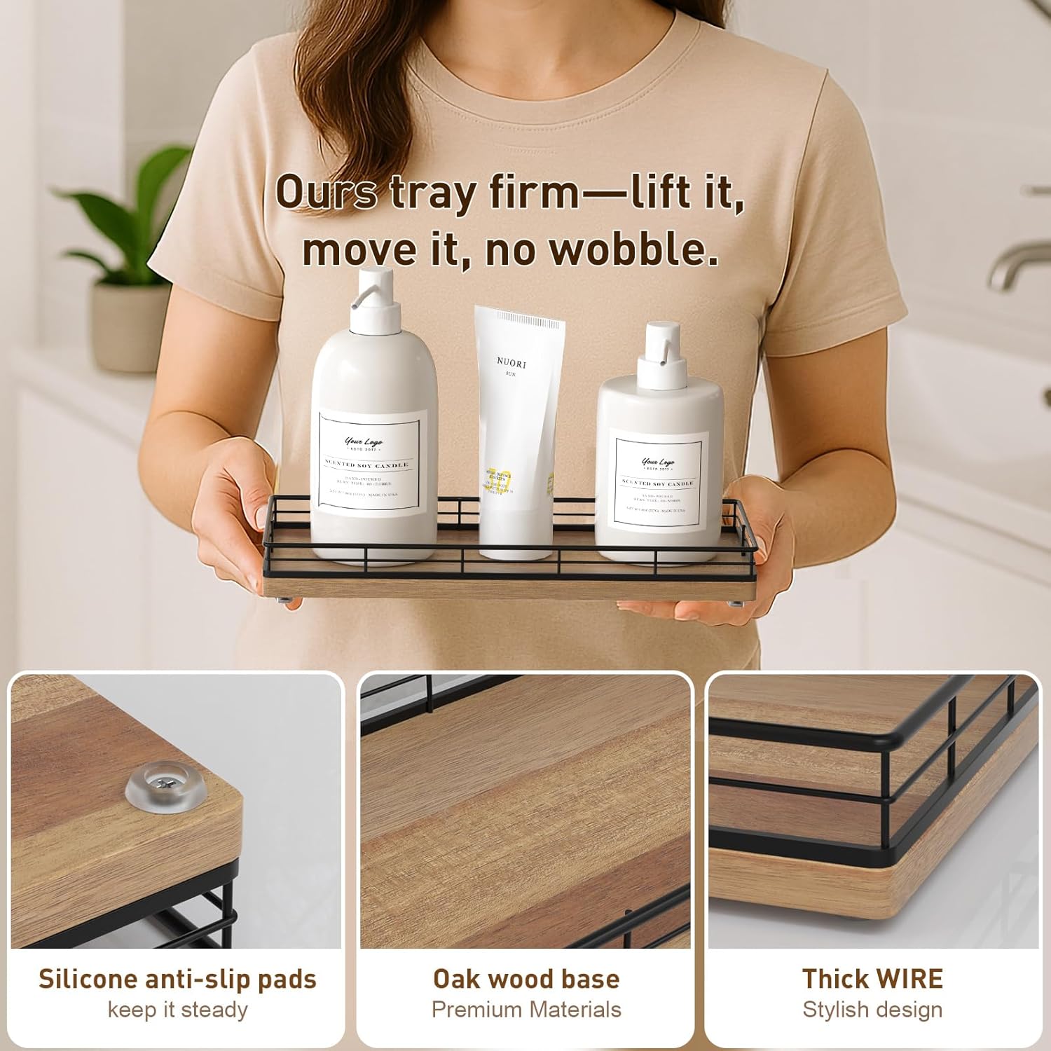 Bathroom Tray for Counter Top Organizer – Acacia Wood Vanity Tray with Metal Frame for Dresser, Kitchen, Nightstand – Black & Acacia Decorative Storage