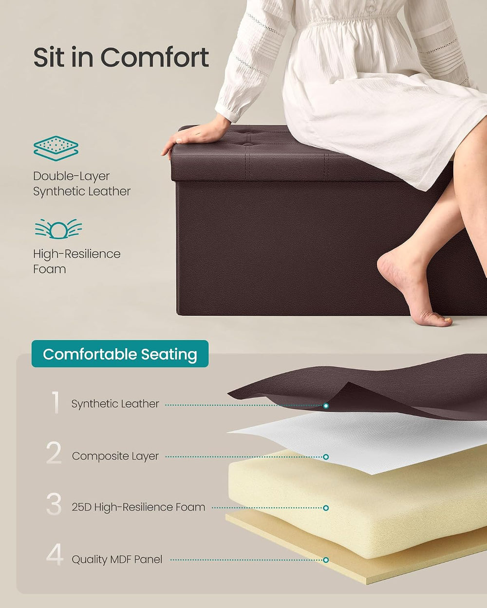 SONGMICS Storage Ottoman Bench, 30 Inches Folding Foot Rest Stool | PU Leathe...