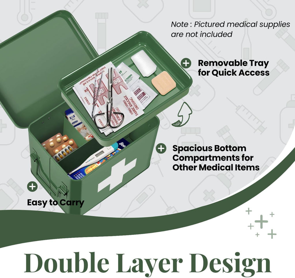 Flexzion Medicine Box, Home Pharmacy Box, 33 x 21 x 19 cm, Metal Medication Storage for Emergency, First Aid Cabinet, with Side Handles, Removable Tray & 5 Compartments, Green