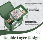 Flexzion Medicine Box, Home Pharmacy Box, 33 x 21 x 19 cm, Metal Medication Storage for Emergency, First Aid Cabinet, with Side Handles, Removable Tray & 5 Compartments, Green