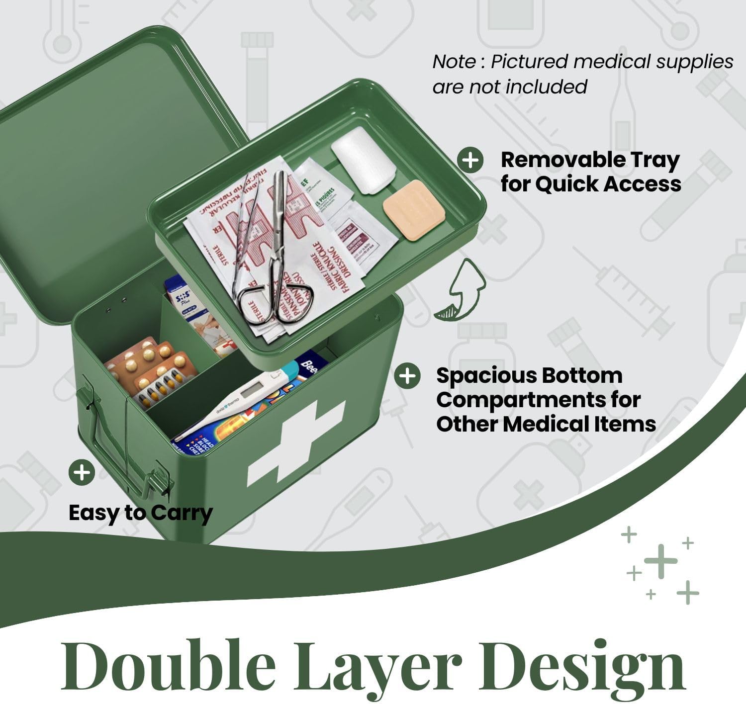 Flexzion Medicine Box, Home Pharmacy Box, 33 x 21 x 19 cm, Metal Medication Storage for Emergency, First Aid Cabinet, with Side Handles, Removable Tray & 5 Compartments, Green