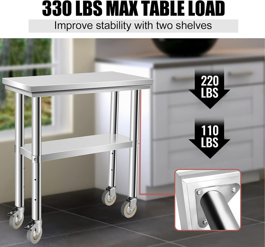 Stainless Steel Table for Prep & Work 30 x 12 Inches with Caster Wheels, NSF Commercial Heavy Duty Table with Undershelf and Galvanized Legs for Garage Restaurant Home and Hotel